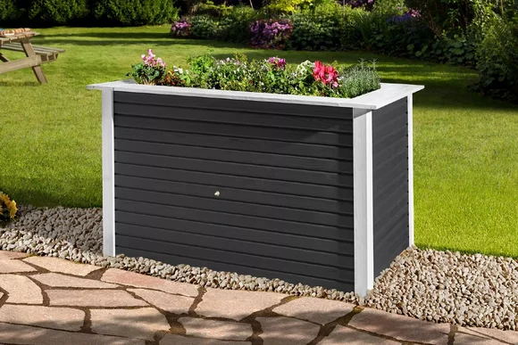 Grauer Holz Blumenkasten mit weißen Rändern